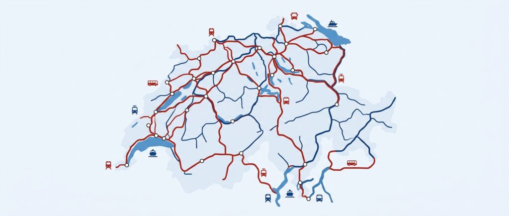 Réseau de transports publics suisses : lignes ferroviaires, bus et bateaux